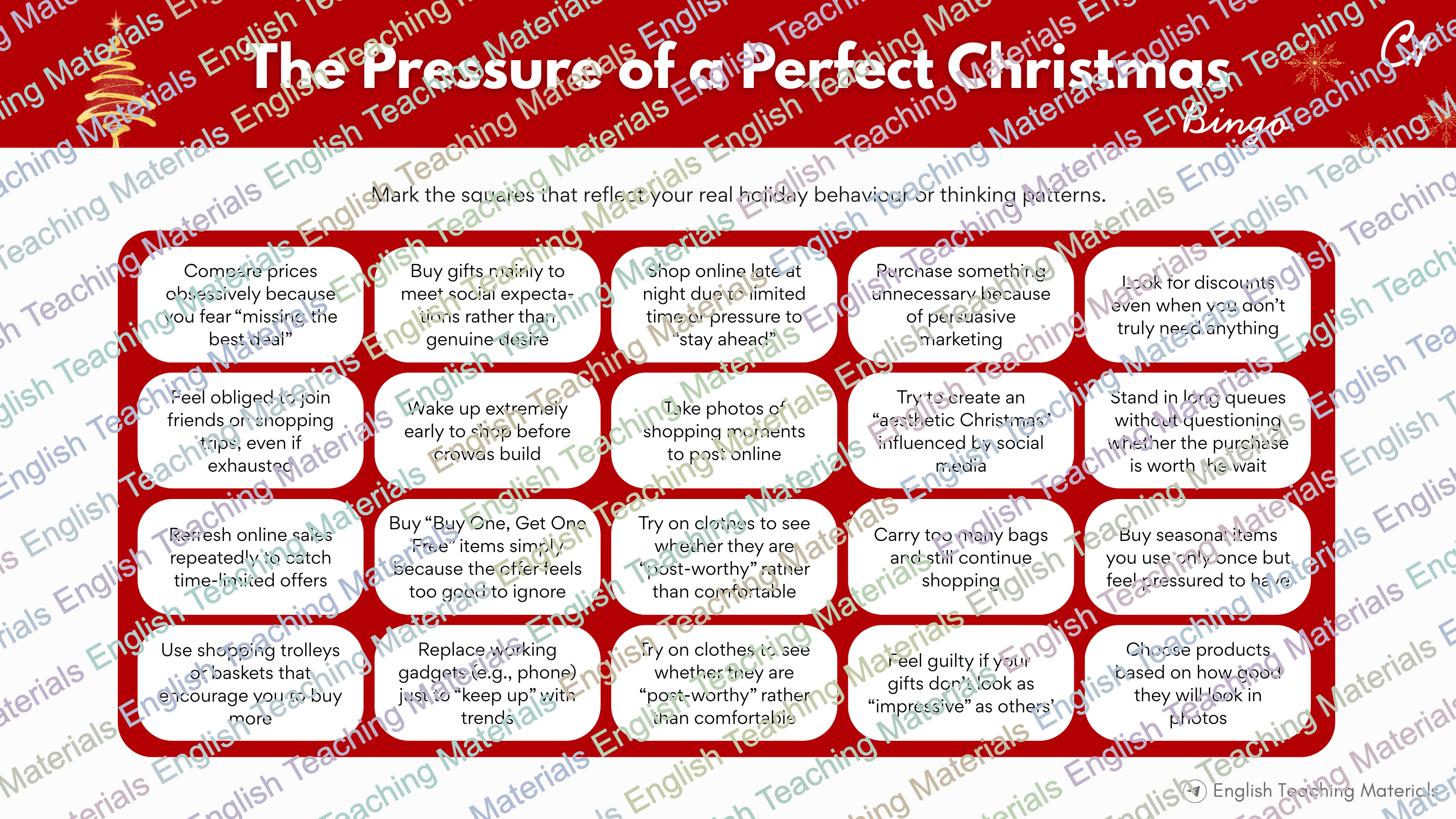 The Pressure of a Perfect Christmas + Speaking activities and Bingo 5